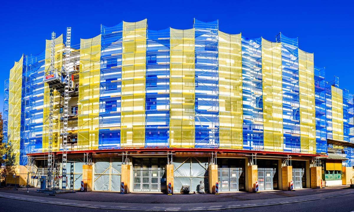 Photo of modern scaffolding on the outside of a building